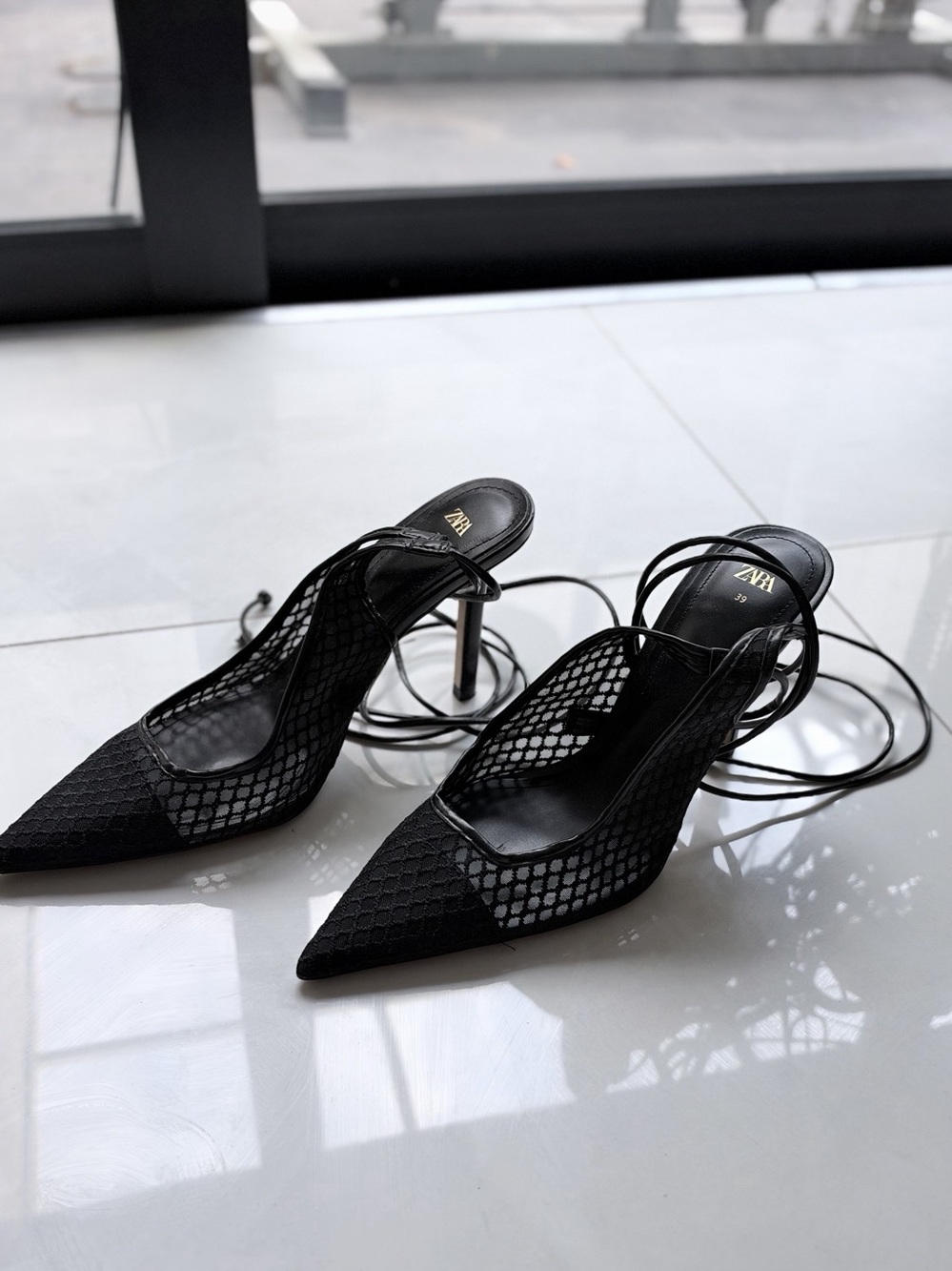 Zara black mesh lace up pointed high slingbacks Sz 8.5
